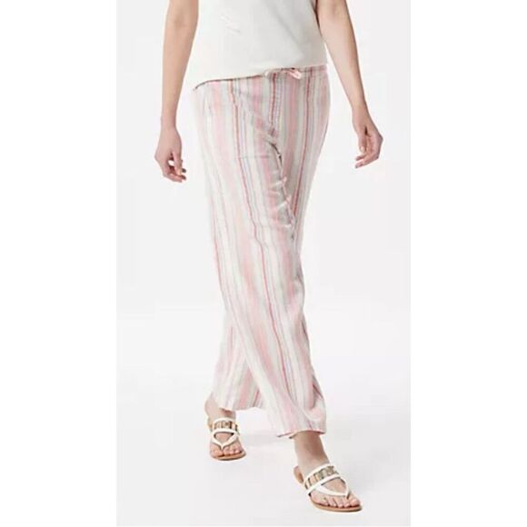 Denim & Co Womens 3X Regular Linen Blend Pants Coral Stripe Pull on Pockets NWT - Picture 1 of 4